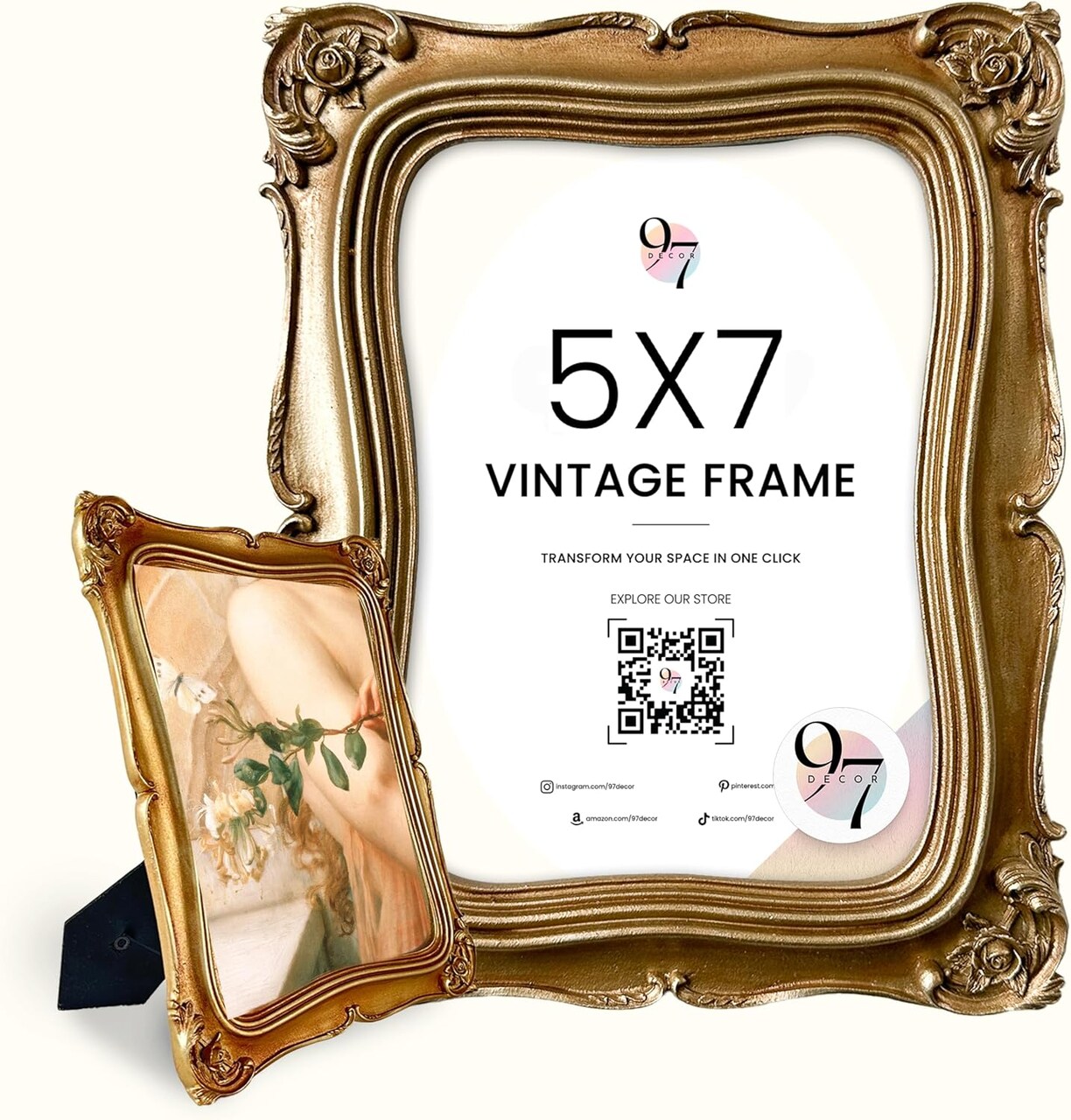Gold 5x7 Picture Frame, Elegant Antique Frames 5 x 7 With Glass Front(Golden Victorian)7"L x 5"W